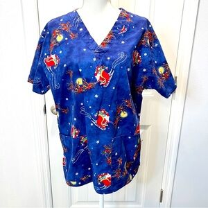 Crest Christmas Scrub Top Santa Sled Reindeer Size Medium